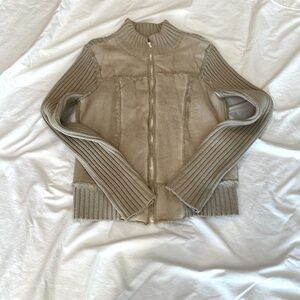 J. J. Basics Tan Mixed Fabric Zip Up. Large